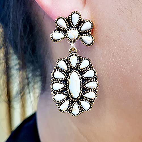 Vintage Boho Statement Drop Earrings Oval Imitate Turquoise Ethnic Charms Flower Dangle Earring For Women Girls Jewelry Gift (White) #TOP2