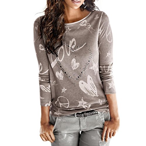 Camisa de Mujer Manga Larga O-Cuello Carta Impreso Algodón Casual Suelto Blusa Tops Camiseta LMMVP (M, Café)