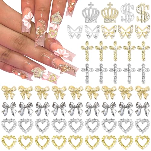YAEISM 110PCS Gold Nail Charms 6 Types Silver Nail Charms 3D Butterfly Charms Shiny Dollar Sign Nail Charms Crystal Crown Nail Charms Alloy Heart Bow Nails for Nail Art and DIY Crafts Decoration