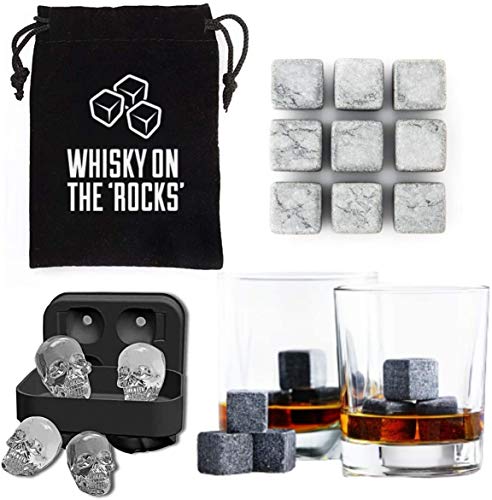 Whiskey Stones GENERISE Whisky Stones Gift Set of 9 Natural Granite Whisky Rocks in Velvet Gift Pouch PLUS Skull Ice Cube Tray (Light Grey Stones)