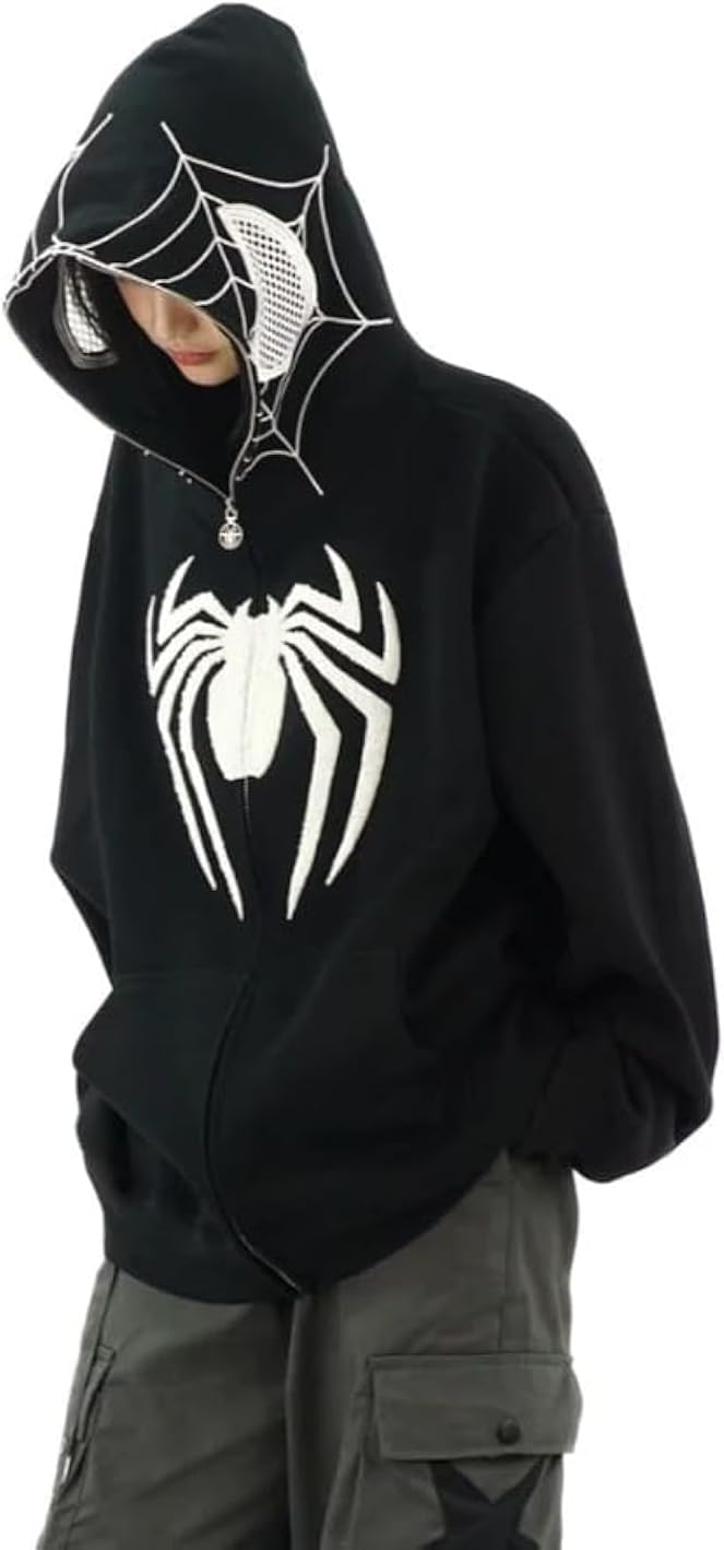 OATSBAS Y2K Hip Hop Spider Hoodie for Women Men Graphic Full Zip up Hoodies Oversized Kawaii Hoodies Spider Jacket