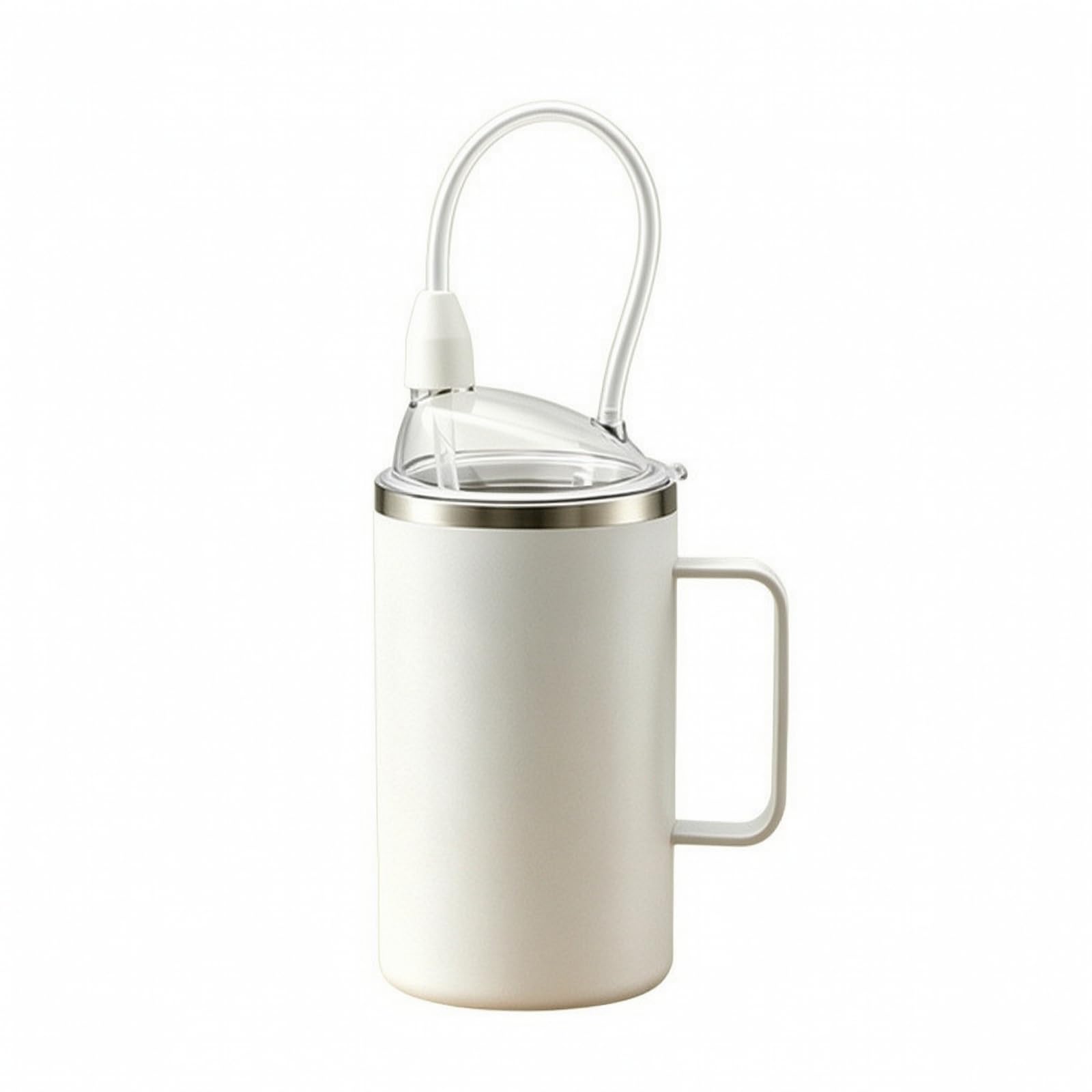 Bicchiere con Cannuccia, 珍珠白, 650ml | Impugnatura Laterale Ergonomica, Tazza da Degenza con Coperchio Trasparente, Acciaio Inox, Stoviglie, Anziani