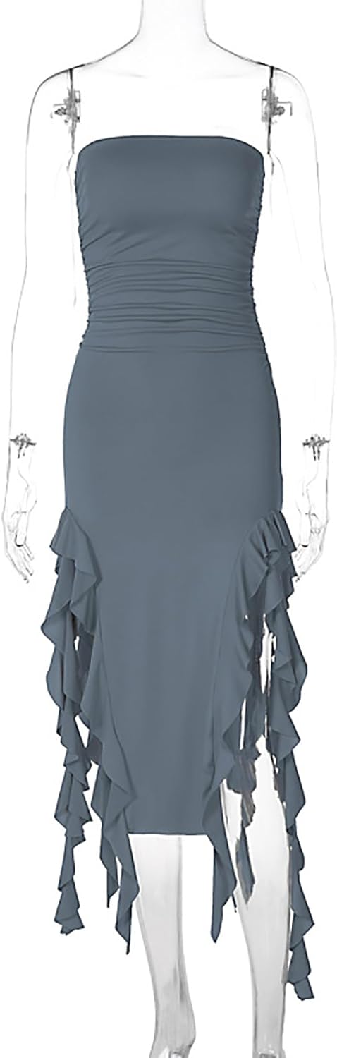 Women Summer Elegant Strapless Tube Midi Bodycon Dresses Irregular Ruffle Tassel Party Dress - Image 5