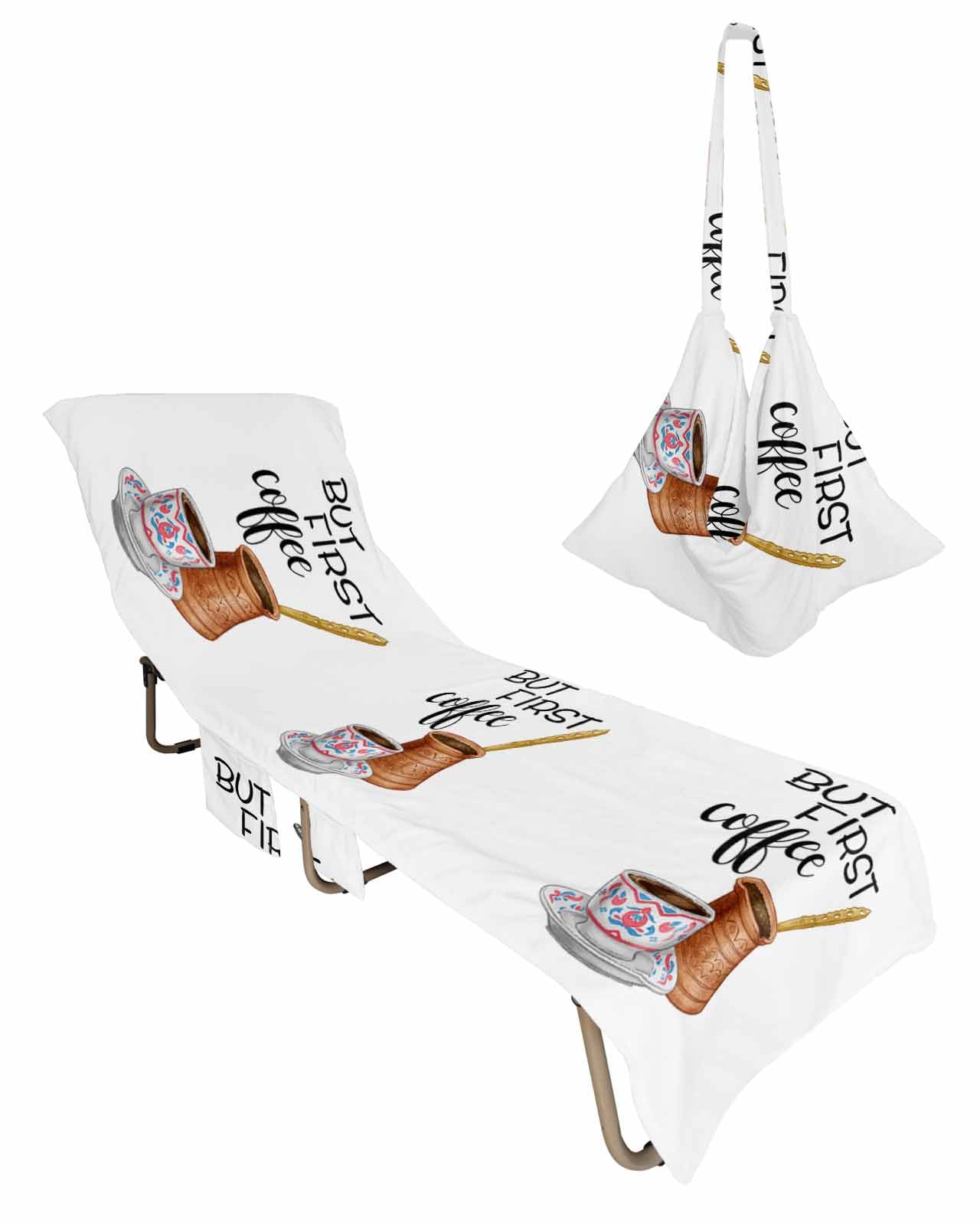 Coffee Beach Lounge Chair Towel Cover, Soft Chaise Lounge Towel with Side Pockets Patio Pool Chairs Cover for Beach/Pool Sunbathing 29x85 Coffee Time Farmhouse