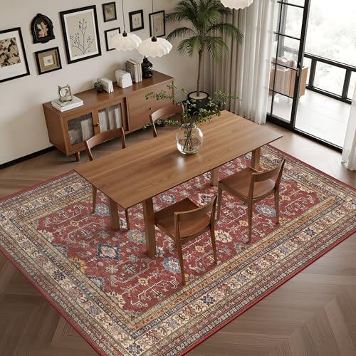 Rugland 8x10 Area Rugs - Stain Resistant Washable Rug, Anti Slip Backing Rugs for Living Room, Vintage Tribal Area Rugs (TPR10-Burgundy, 8'x10')