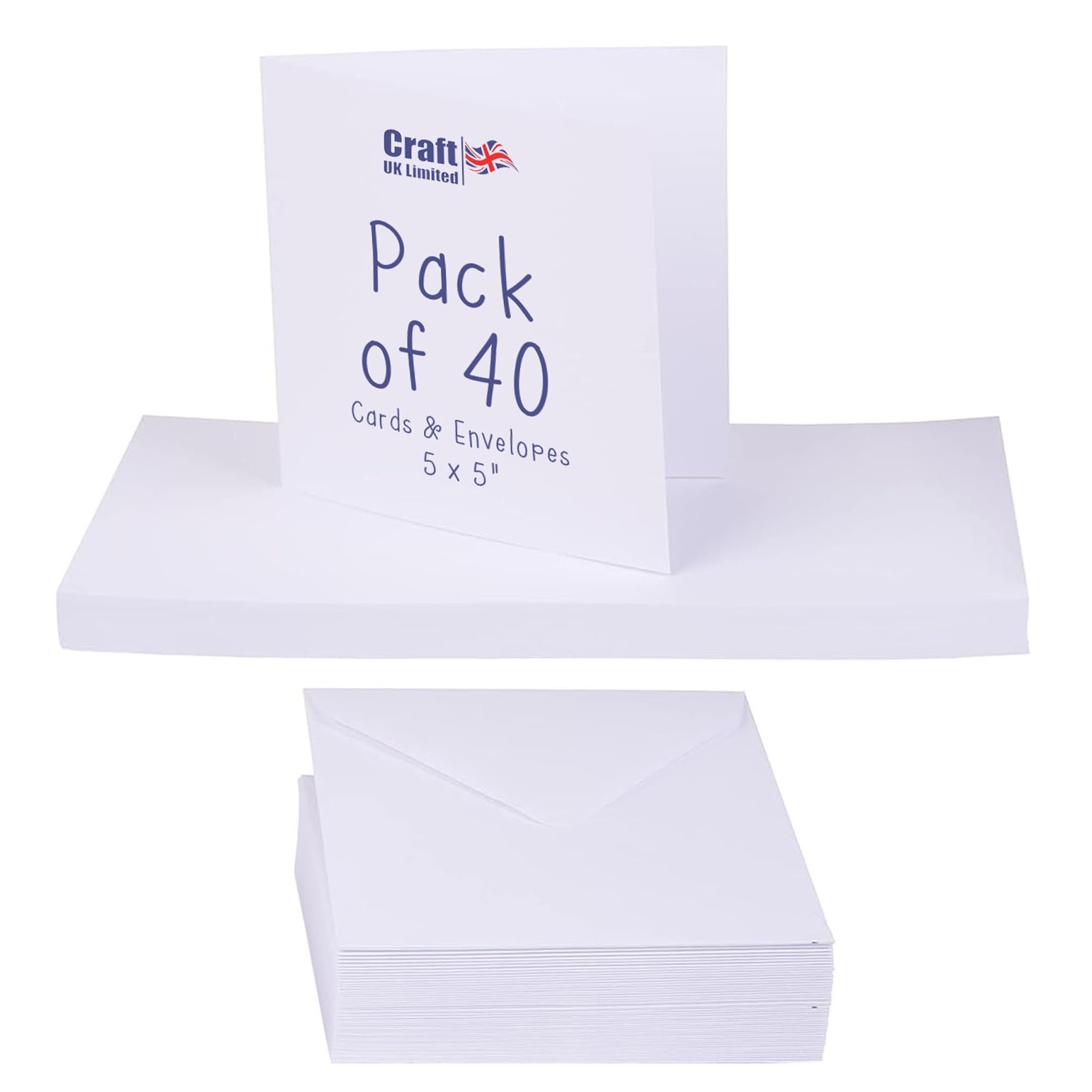 Craft UK, 40 Blank Cards and Envelopes for Card Making, 300gsm, Made in the UK, Lasting Quality, White, 5 x 5-Inch