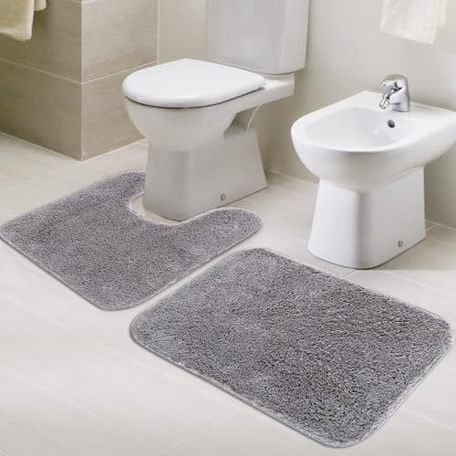 Image of Pano microfiber Anti Slip Bathmat Set with Contour, Soft & Super Absorbent Mats for Shower, Washable, Non-Slip & Quick-Drying Mats for Home, Kitchen, Office, Pack of 2 (Cool Grey, 50X75 Cm & 50X50 Cm)