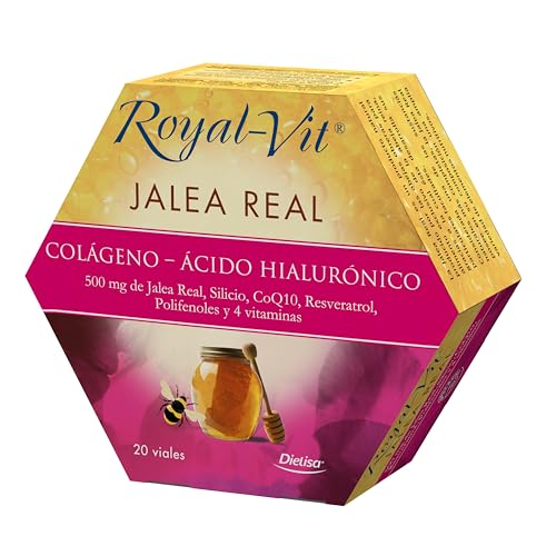 Dielisa, Royal Vit, Jalea Real Colágeno, Ácido Hialurónico, Complemento Alimenticio con 500mg de Jalea Real, Colágeno, Ácido Hialurónico, Silicio, CoQ10, Resveratrol y Polifenoles, 20 viales