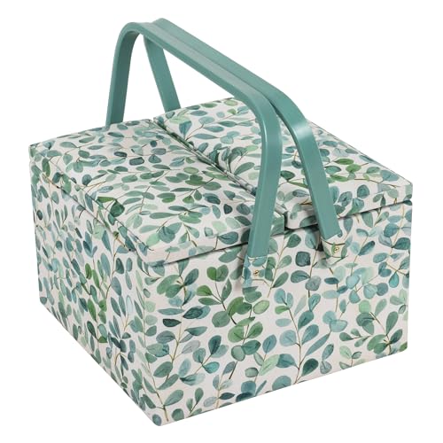 Hobby Gift Exclusivo costurero grande con dos tapas, caja de almacenamiento para manualidades, bandeja para accesorios, alfiletero, asas de PVC, 25 x 25 x 17 cm, Eucalyptus