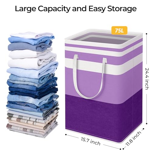 HomeHacks 2 Pack Large Laundry Baskets, Waterproof, Freestanding Laundry Hampers, Collapsible Clothes Hamper with Reinforced Handles in Laundry, College Dorm, Bathroom, Bedroom (Purple, 75Lx2)