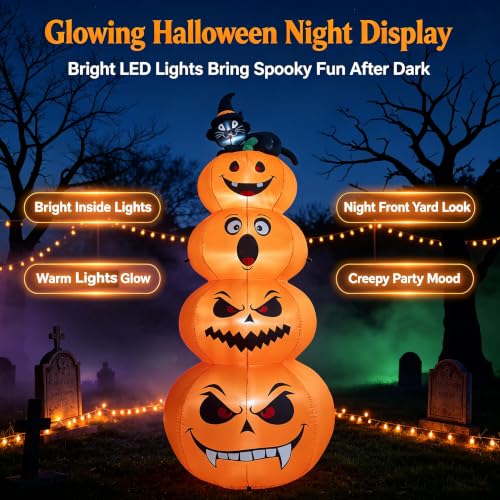Image of 8FT Halloween Inflatable Stacked Pumpkins with Black Cat & LED Lights
