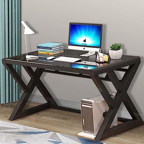 URRED Computer Desk Glass Top and Metal Frame, Desk Table for Computer Desk Gaming Modern Study Office Work Writing Desks Table for Home Office, Black(55.1 inch)