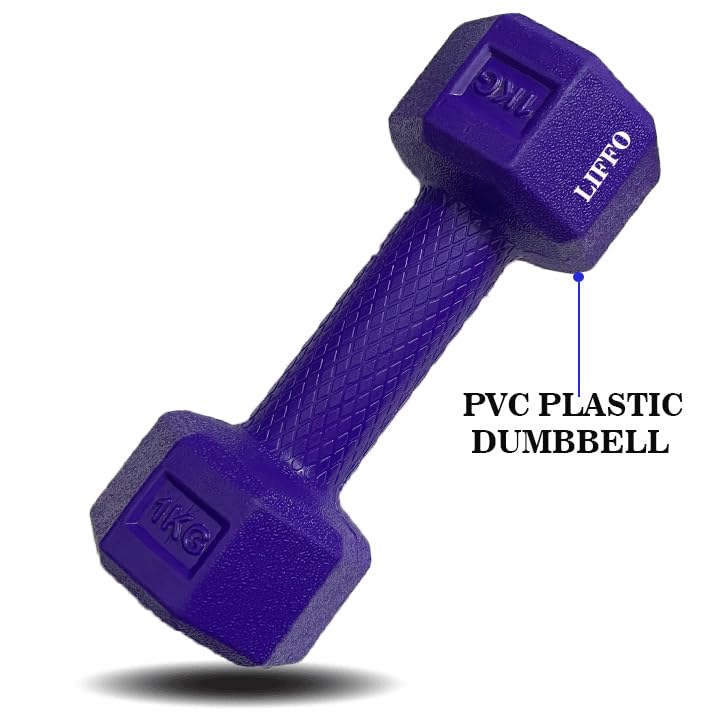 Image of Liffo Dumbbell 1Kg Pair Hexa PVC Dumbbells Set For Home Gym, Exercise & Fitness Dumbbell (Purple) Fixed Weight Dumbbell Home And Gym Use (1Kg X 2PCS)