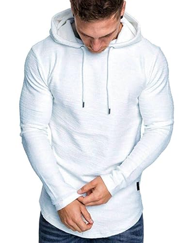 Mens Fashion Workout Hoodies Athletic Breathable Lightweight Sports Sweatshirt Solid Color Soft Pullover A-White #TOP2