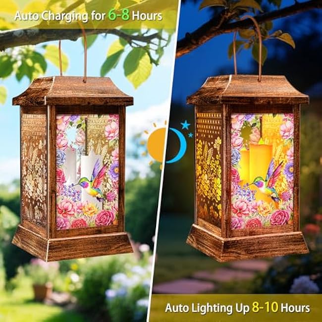 Hummingbird Solar Lanterns Outdoor Waterproof, Metal & Glass Hanging Lights Garden Decor, Birthday Gifts for Women Mom Grandma Mothers Day, Decorative Lights for Outside Yard Patio Backyard Porch