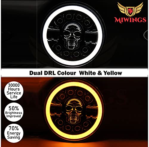 Image of Miwings Round LED Skull Style Hi /Low Beam 75W H4 Headlight Compatible with Royal Enfield, Jeep, Thar, Motorcycle, Cars, Harley Davidson, Amber & White, 7 inch