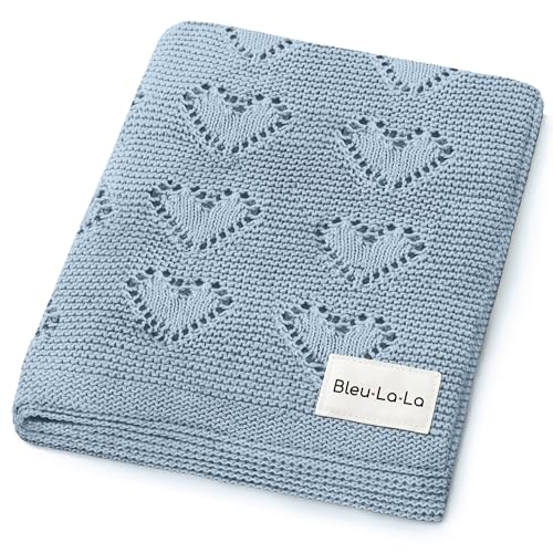 Image of Heirloom Heart Knit 100% Cotton Knit Receiving Baby Blanket for Boys - Soft Warm Cozy Swaddle Receiving Cuddle Stroller Blanket for Newborns, Infants, & Toddlers (Sky Blue)