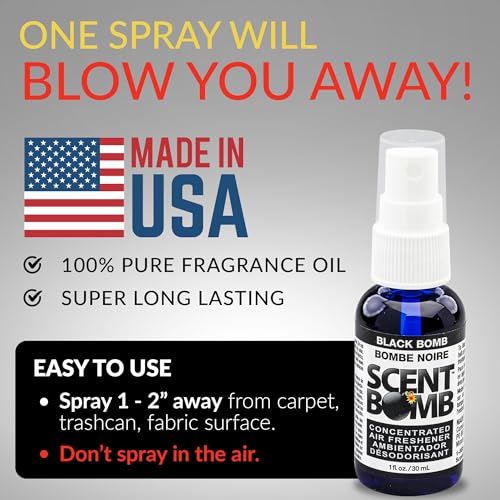 Image of Scent Bomb Air Freshener Spray, Long-Lasting Odor Eliminator - Effective Deodorizer for Home & Car, Fresh Room Spray for Kitchen, Bathroom & Smell Neutralizer - 1 oz Pack of 4, Black Bomb Scent