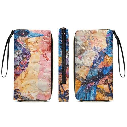 Ink Style Bird Wallet, Long PU Leather Wallet with Wrist Strap, Large Capacity & Multi Card Holder Wallets3