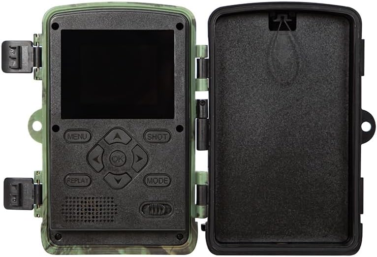 BLOW KM200 Trail Camera with its front cover open, showing the control panel and empty battery compartment