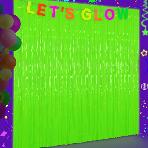 Image of Glow in The Dark Tinsel Curtains 2 Pack - 3.3x6.6ft UV Reactive Fluorescent Party Backdrop for Neon, Birthday, Pride Decorations, Pre-Taped, Lightweight Waterproof (Green)