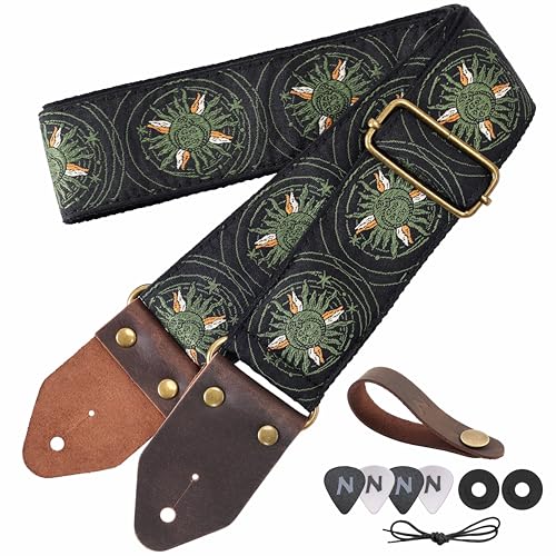 Image of Nefelibata Guitar Strap,Jacquard Embroidery Cotton Guitar Straps with Crazy Horse Leather Ends for Bass, Electric & Acoustic, Best Gifts for Kids, Guitarists(Military Green Sun Embroidery)