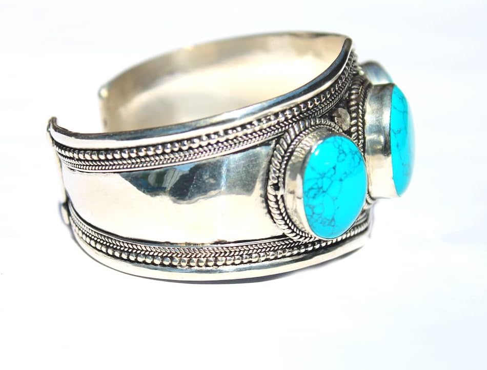 Blue Stabilized Turquoise & Argentium Plated Stainless Steel Adjustable Cuff Bracelet | Boho Jewelry for Men & Women