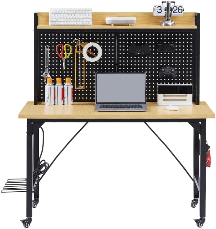 1 Set Work Bench: Movable Welding Table - Adjustable Workbench with Pegboard 48 Inch - 1600 Lbs Load Capacity Work Table with Ac/USB Outlets & Lockable Casters,for Garage Workshop