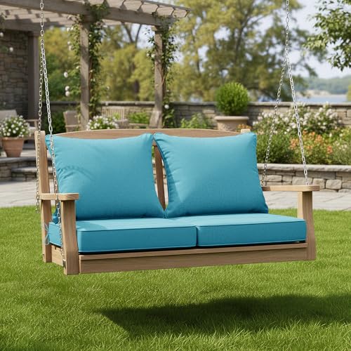 Image of Summsun Faux Linen Outdoor Chair Cushions, Water Resistant Backrest and Deep Seat Cushion Set with Removable Cover, Straps, Non-Slip Bottom for Patio Furniture, 24 x 24 Inch, Teal, Set of 2