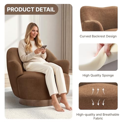Image of KISLOT, Swivel Accent Chair, Modern Arm Chair with Wooden Base, Terracotta | Upholstered Barrel Chair with Curves Camel Back Design, Living Room Bedroom Reading
