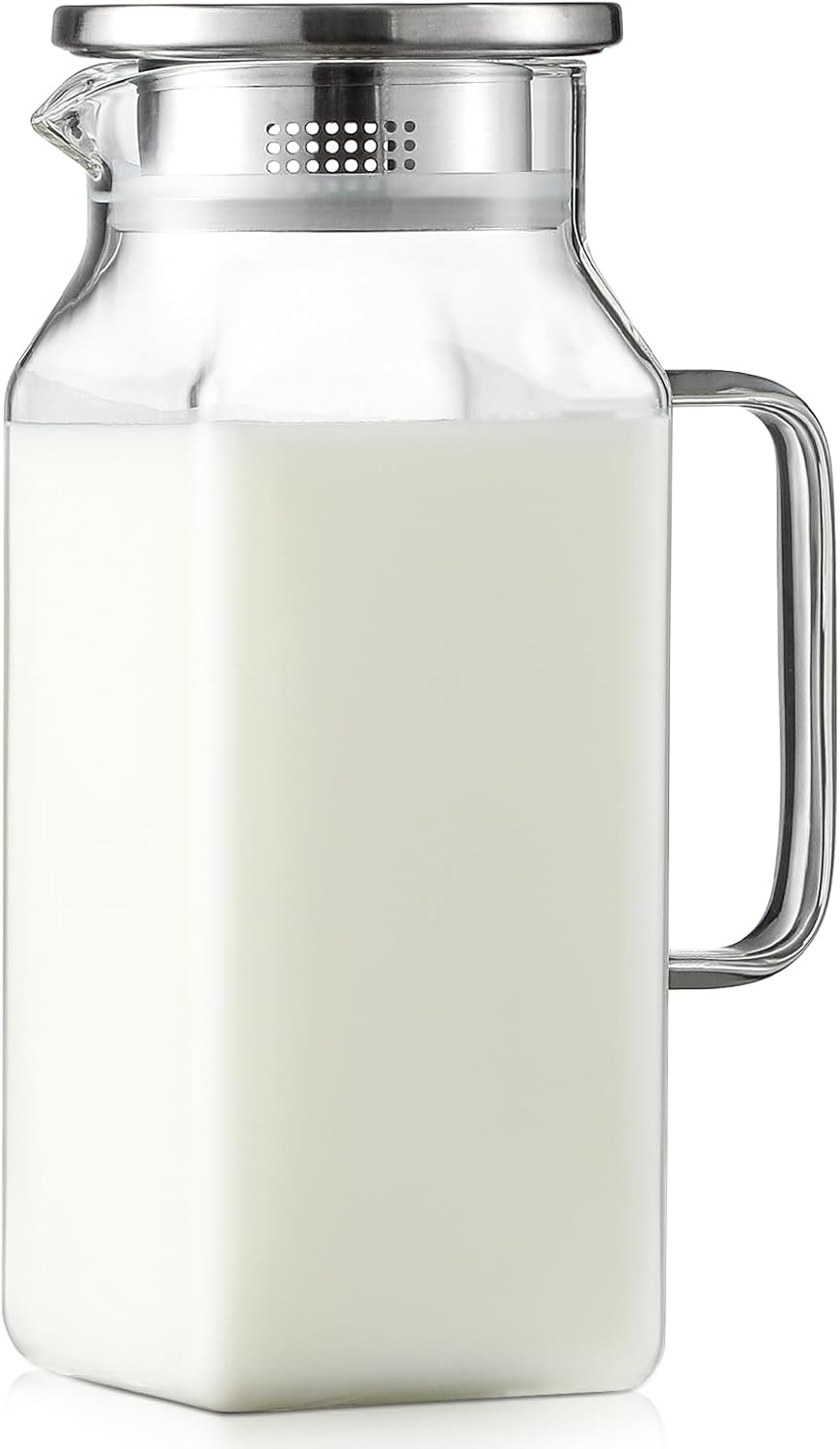 40 oz,1.2Liter Square Glass Pitcher with Lid and Spout, Breast Milk Pitcher with Handle for Fridge, Borosilicate Glass Carafe for Hot/Cold Drink, Small Jug for Iced Tea, Coffee,Water Storage Container 40.6 Ounces