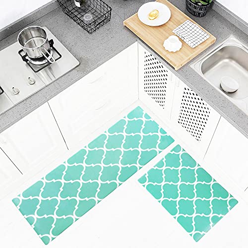 Carvapet 2 Pieces Comfort Anti-Fatigue Kitchen Standing Desk Mat Waterproof Decorative Ergonomic Floor Pad Kitchen Rug, Moroccan Trellis Aqua 18'x47'+18'x30'