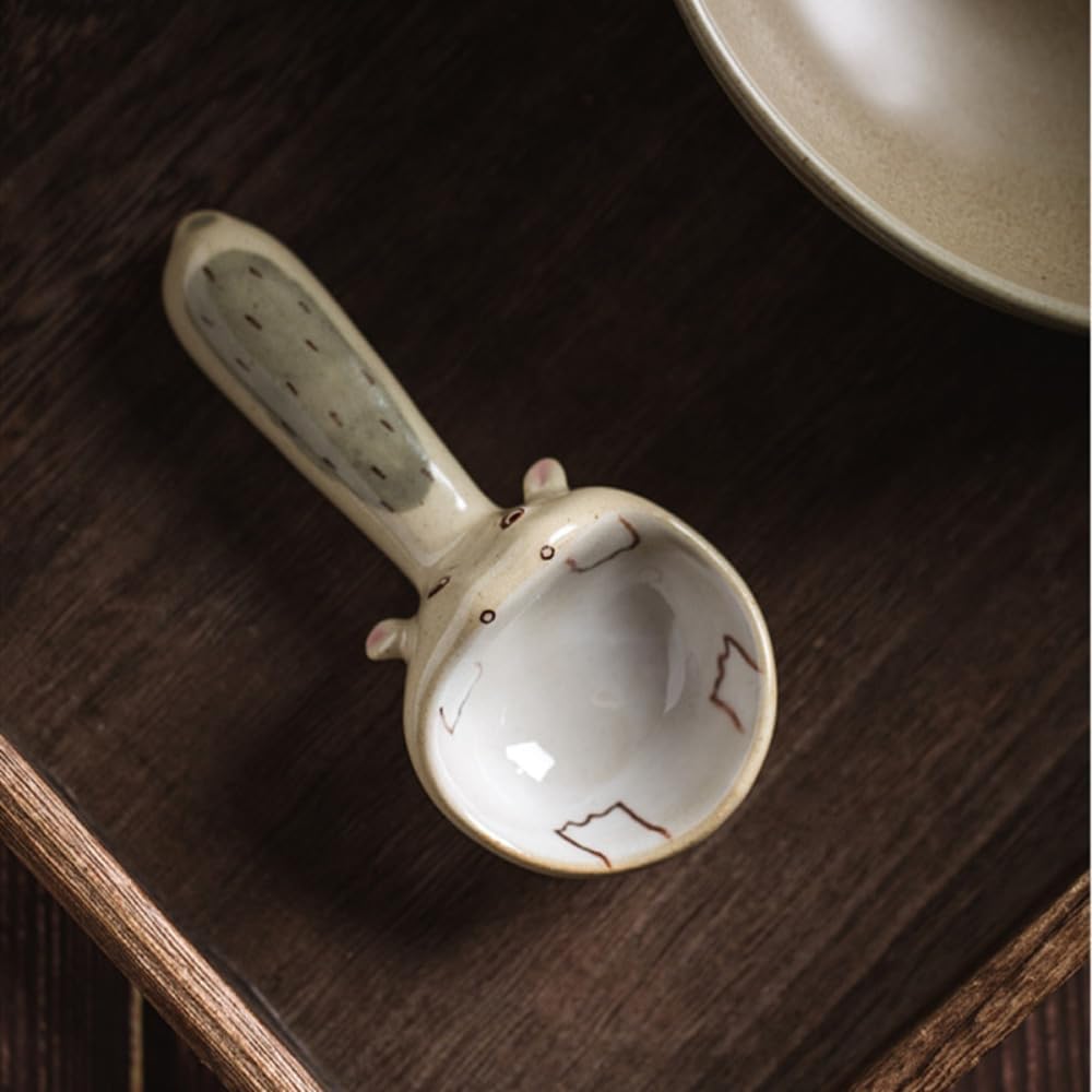 1pc Creative Handmade Thick Pottery Soup Spoon Short Handle Chinese Tableware
