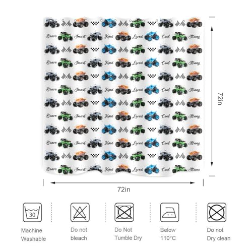 Image of Kids Monster Truck Shower Curtain Cool Boys Cartoon Cars Inspirational Motivational Words Blue Green Orange Bathroom Decor Waterproof Fabric 72Lx72W inch with 12PCS Hooks