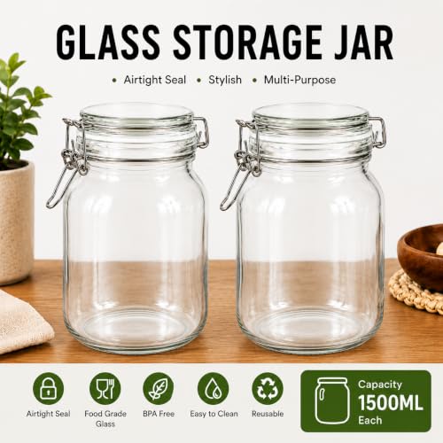Image of Vasukie 1500ML Glass Jars With Airtight Leak Proof Lids | Wide Mouth Storage Canister Jars Perfect for Kitchen Canning, Dry Food, Spices, Pickle, Coffee, Tea, Snacks, Sugar, and More (Pack Of 3)