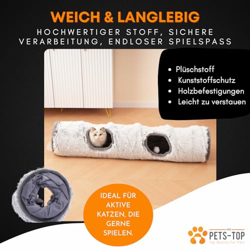 One PETS-TOP Katzentunnel XXL – Katzentunnel Große Katzen – Rascheltunnel für Katzen – Interaktives Katzenspielzeug für drinnen – aus weichem Plüsch