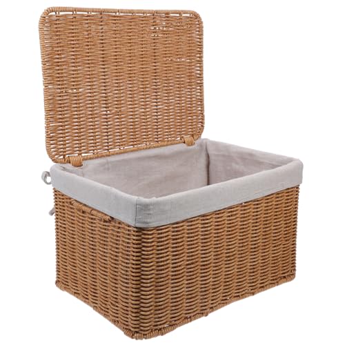 HEALLILY Cesto portaoggetti rettangolare intrecciato a mano con coperchio e fodera, doppio manico, organizer per lavanderia, camera da letto, cucina, versatile contenitore in vimini per vestiti, libri