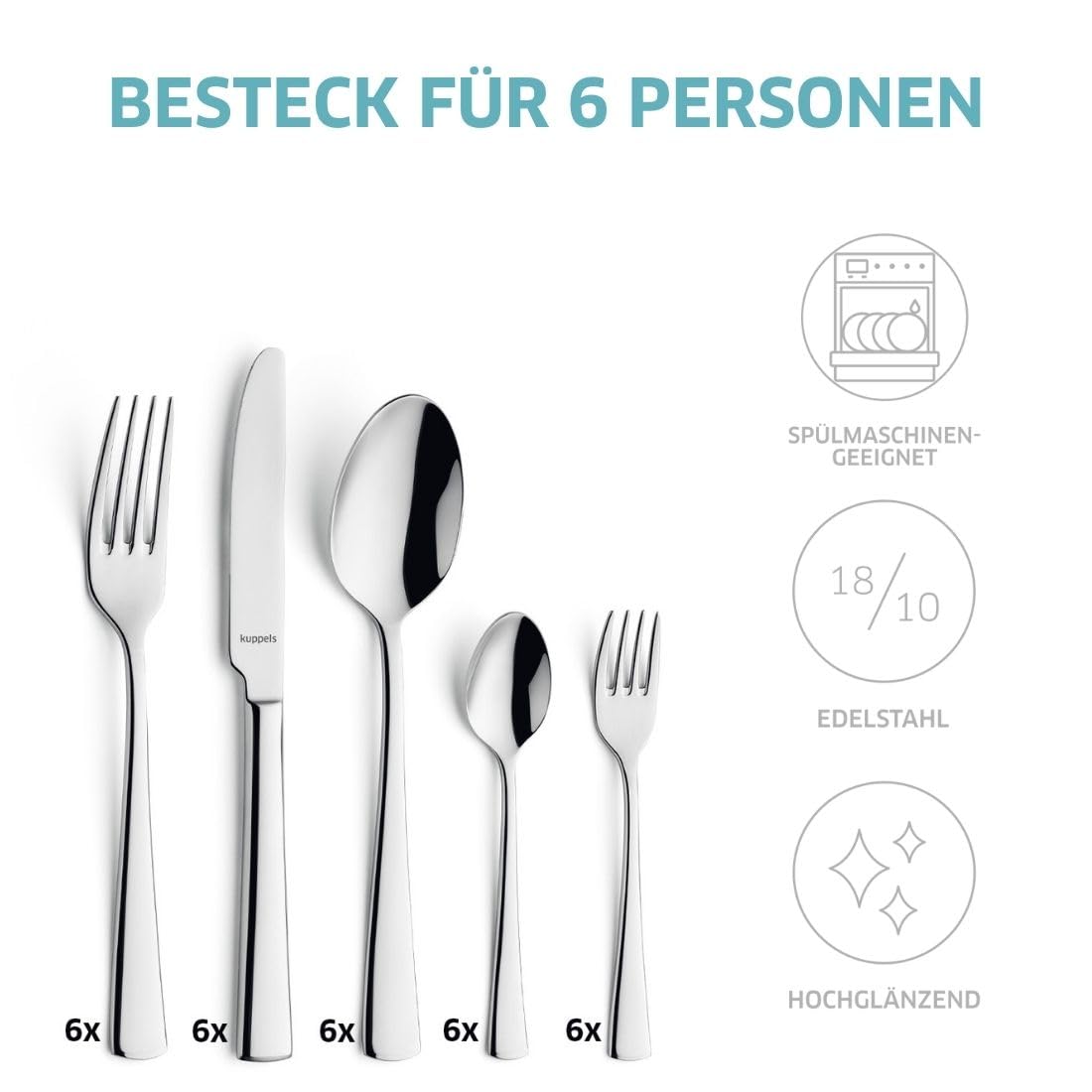 Kuppels Besteck-Set 30-tlg, 6 Personen, Edelstahl, Wellenschliff | Spülmaschinengeeignetes, rostfreies Tafelbesteck in 18/10 Edelstahl Qualität mit elegantem, zeitlosem Design