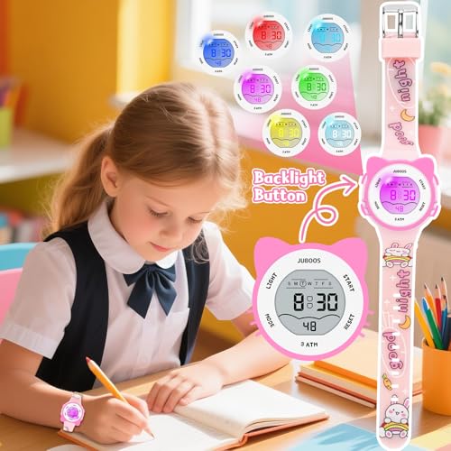 Image of Juboos Kid's Digital Watch for Boys and Girls, Waterproof LCD Digital Sports Kids Watch with 7 Color LED Lights, Stopwatch, Alarm