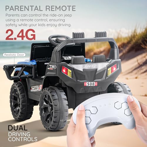 Image of Baybee Trojan Battery Operated Jeep for Kids with RGB Windshield Light, Bluetooth, USB & Music | Baby Big Ride on Battery Car | Electric Jeep Car for Kids to Drive for 2 to 6 Years Boys Girls (Blue)