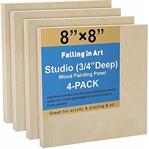 Falling in Art Unfinished Birch Wood Canvas Panels Kit, Falling in Art 4 Pack of 8x8’’ Studio 3/4’’ Deep Cradle Boards for Pouring Art, Crafts, Painting and More Cover