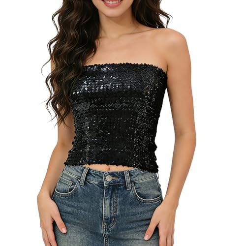 MehelloFeather Sequin Tube Top Black Stretchy Womens Sparkly Strapless Crop Tops for Party Clubwear