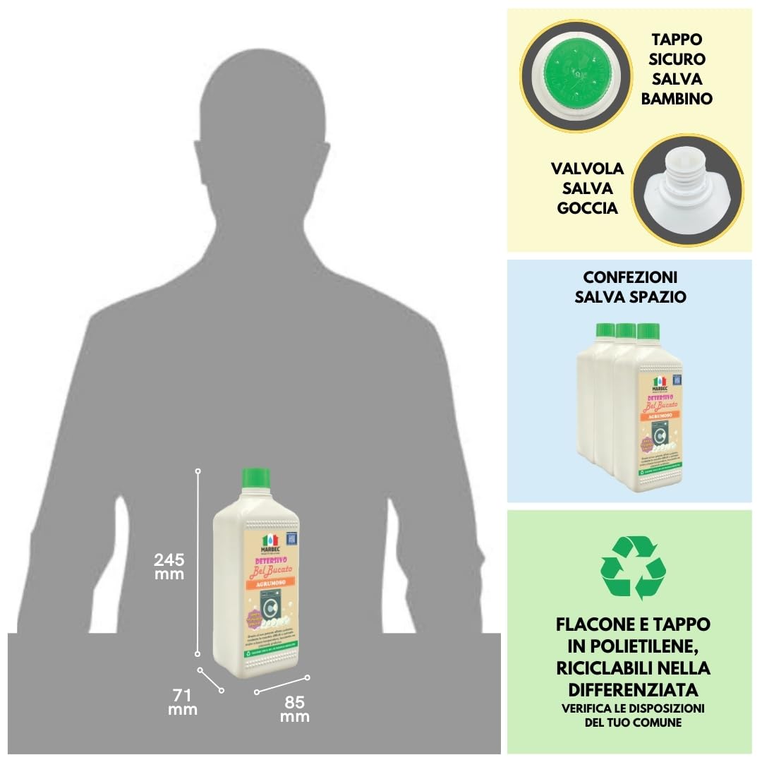 MARBEC DETERSIVO BelBucato Agrumoso 1LTx6PZ Detergente liquido per il bucato dal profumo fresco e agrumato. Elimina le macchie più ostinate anche a basse temperature