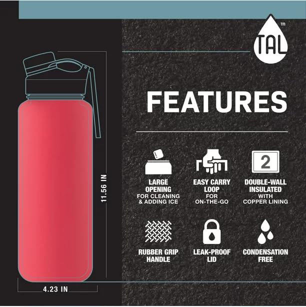 TAL Ranger Bouteille D'eau En Acier Inoxydable 40 Fl Oz Argent Silver