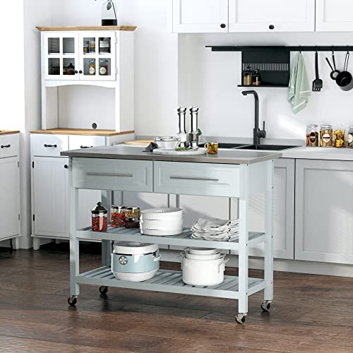 HOMCOM-Kitchen-Island-Rolling-Utility-Trolley-Cart-with-2-Drawers-Stainless-Steel-Top-Grey HOMCOM Kitchen Island Rolling Utility Trolley Cart with 2 Drawers Stainless Steel Top Grey