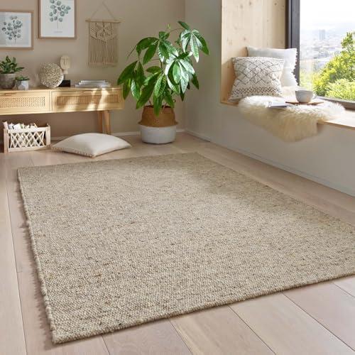 Taracarpet Gewalkter Wollteppich Lambrecht Handgewebt Wohnzimmer Handwebteppich Schurwolle Webteppich Wolle Natur für Schlafzimmer Esszimmer Küche Grau Beige meliert 090 x 160 cm