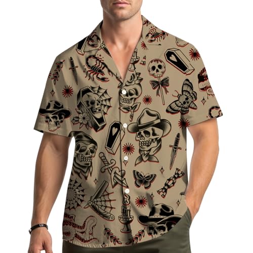 Retro Skull Tattoo Hawaiian Shirt for Men Women, Vintage Skeleton Cowboy Button Up Shirt, Gothic Tattoo Top