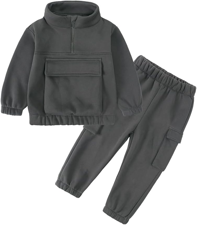 MYGBCPJS Boys Girls 2Pcs Thick Fleece Sweat Suit Outfits Kids Long Sleeve Quarter Zip Sweatshirt no Hood + Cargo Pants Set