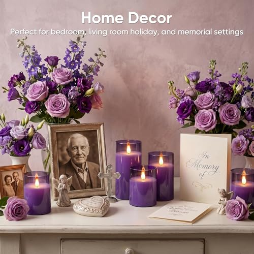 Image of Homemory Purple Flameless Candles, Flickering Battery Operated LED Pillar Candles with Remote Timer, Acrylic Violet Fake Candles, Decorative Candles for Home Wedding Party Halloween Decor, Set of 3