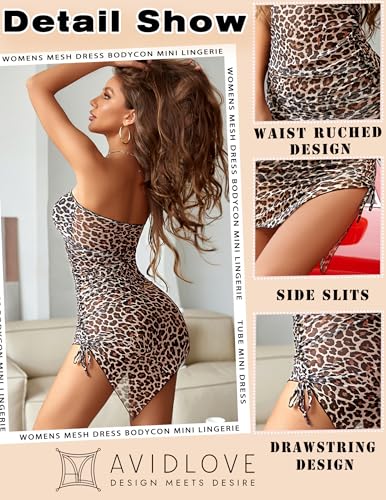 Image of Avidlove Womens Mesh Bodycon Mini Lingerie Dress Y2k Clubwear Outfits | Y2K Mesh Dress, Ruched Drawstring Waist, Sexy Side Slits, Tube Top Backless, Night Clubwear, Mini-length, Sleeveless